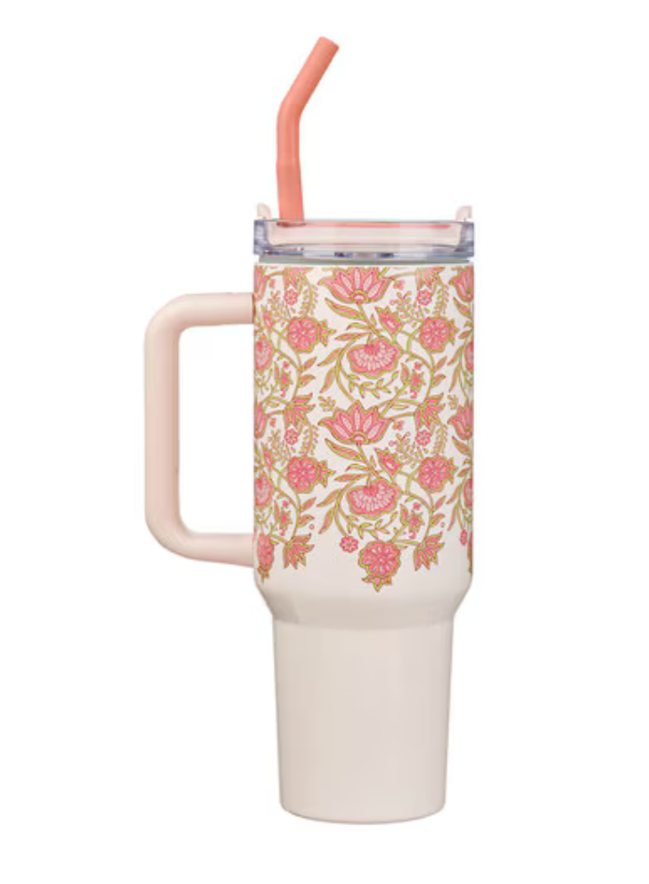Pink floral stainless steel 40 oz insulated travel tumbler with "Be Still & Know" Christian Art Gifts drinkware.