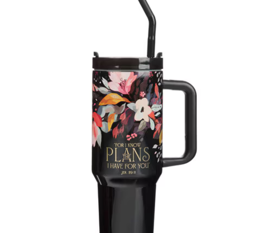 Christian Art Gifts Floral The Plans 40 oz stainless steel travel tumbler with scripture design, ideal for hot and cold beverages.