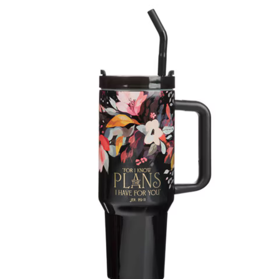 Christian Art Gifts Floral The Plans 40 oz stainless steel travel tumbler with scripture design, ideal for hot and cold beverages.