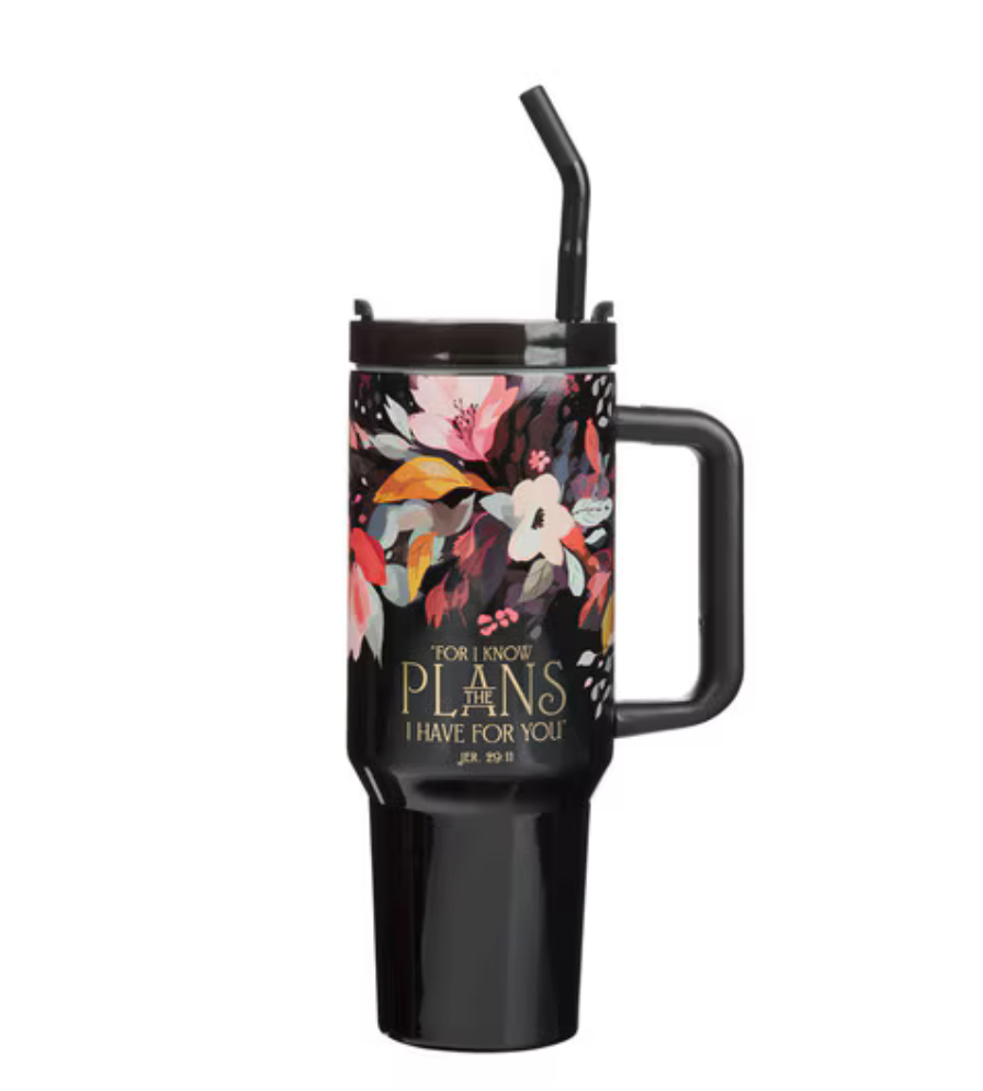 Christian Art Gifts Floral The Plans 40 oz stainless steel travel tumbler with scripture design, ideal for hot and cold beverages.
