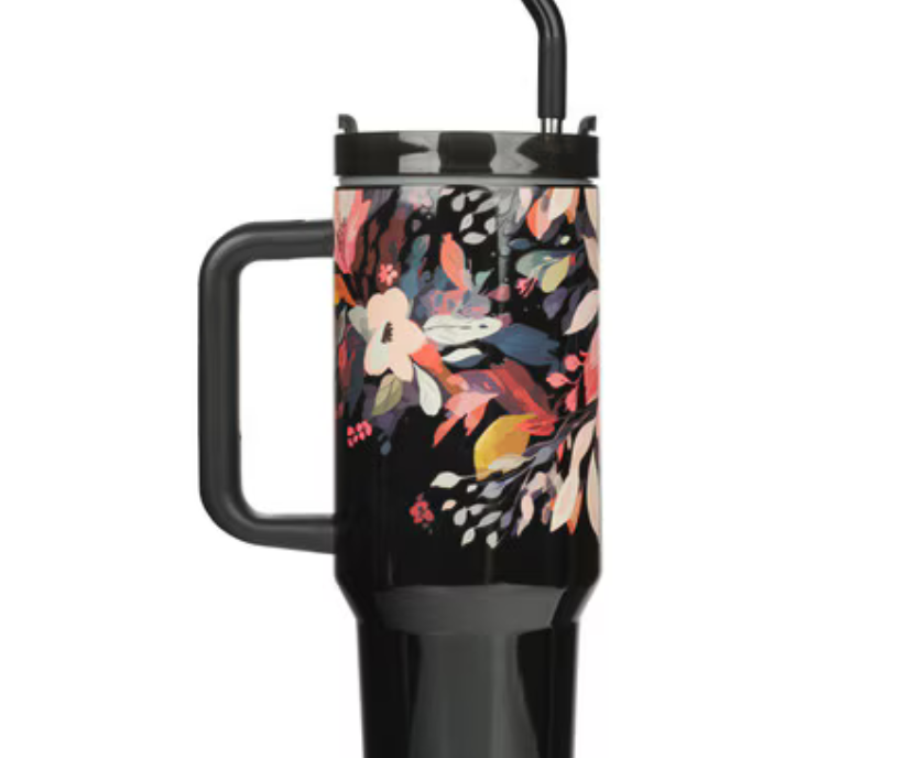 Christian Art Gifts Floral The Plans 40 oz stainless steel travel tumbler with scripture design, ideal for on-the-go drinkware.