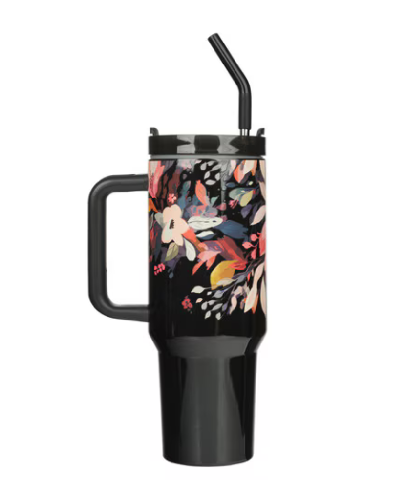 Christian Art Gifts Floral The Plans 40 oz stainless steel travel tumbler with scripture design, ideal for on-the-go drinkware.