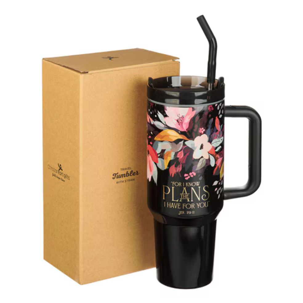 Christian Art Gifts Floral The Plans 40 oz stainless steel travel tumbler with scripture design, durable drinkware for on-the-go use.