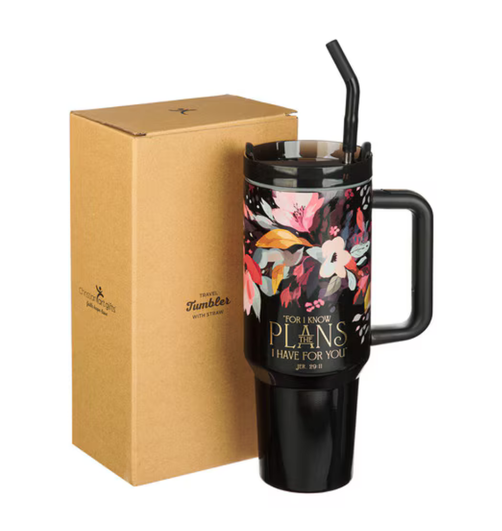 Christian Art Gifts Floral The Plans 40 oz stainless steel travel tumbler with scripture design, durable drinkware for on-the-go use.