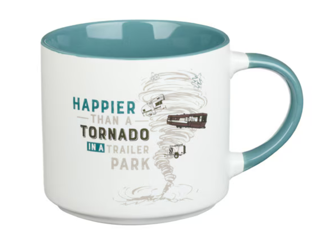 Funny Christian Art Gifts coffee mug with the phrase "Happier Than A Tornado In A Trailer Park," 15 fl oz drinkware.