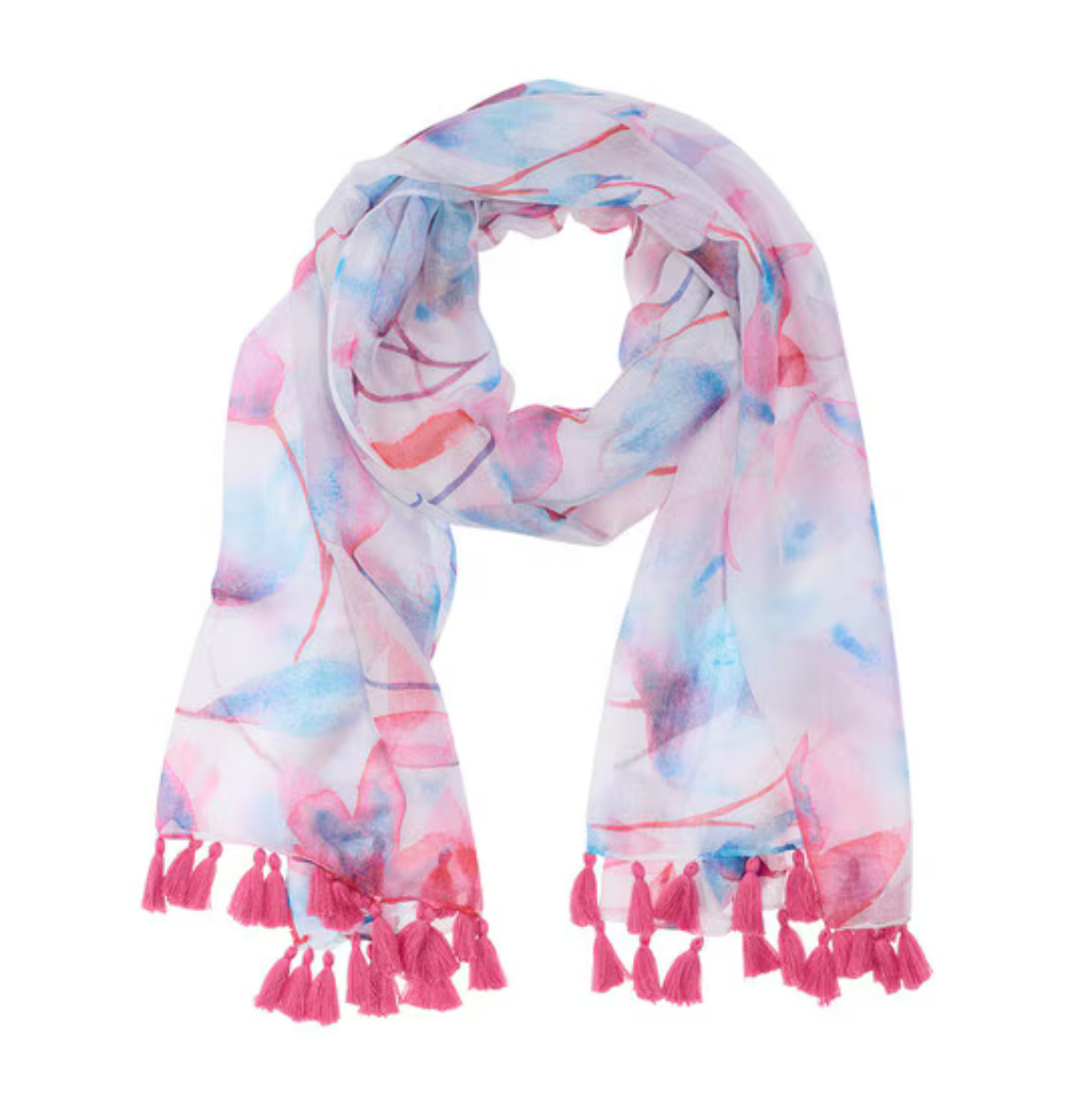 Pink floral Christian Art Gifts women's scarf in a gift box, featuring vibrant floral patterns and soft fabric for stylish accessories.