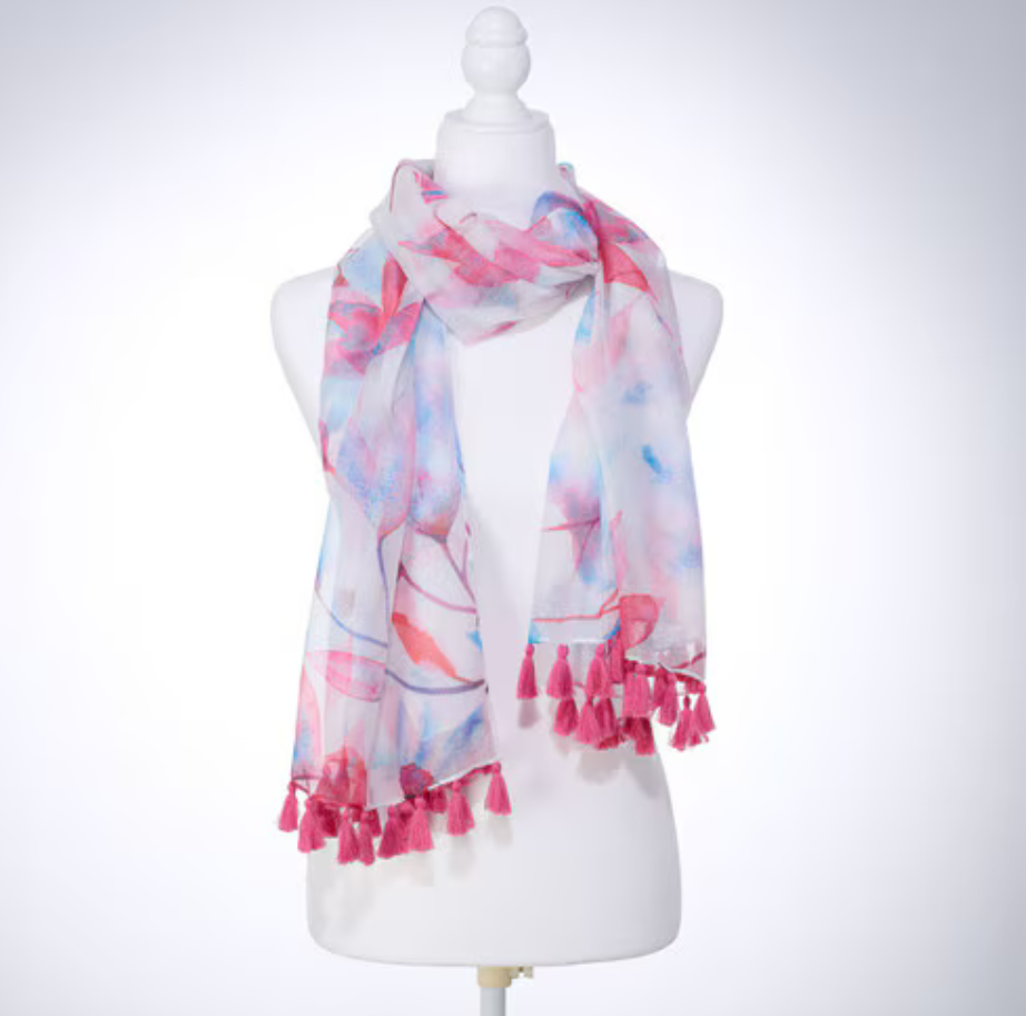 Pink floral Christian Art Gifts women's scarf in a gift box, featuring vibrant floral patterns and soft fabric for stylish accessories.