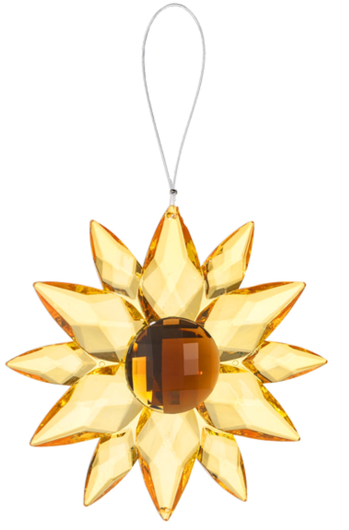 Medium acrylic sunflower ornament from GANZ, decorative yellow flower with green leaves, ideal for home decor.
