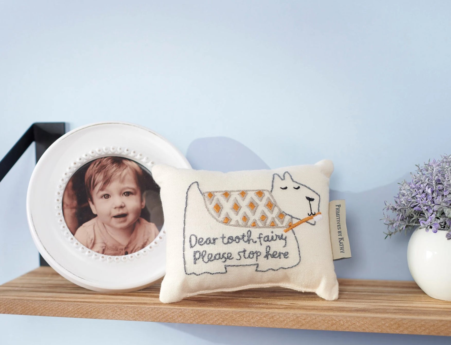 Primitives by Kathy puppy tooth fairy pillow made of embroidered cotton-linen, a charming keepsake baby gift with adorable puppy design.