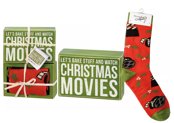 Primitives by Kathy Christmas movie socks and holiday baking decor box sign set, festive holiday-themed kitchen decorations.