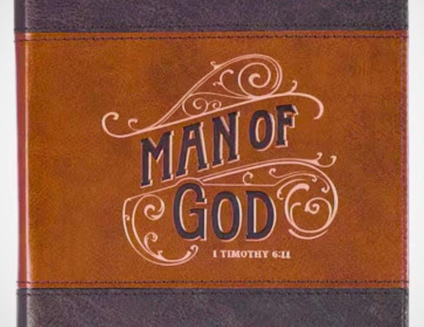 Christian Art Gifts Man of God faux leather journal with gold accents and scripture pages, featuring a Christian-themed cover design.