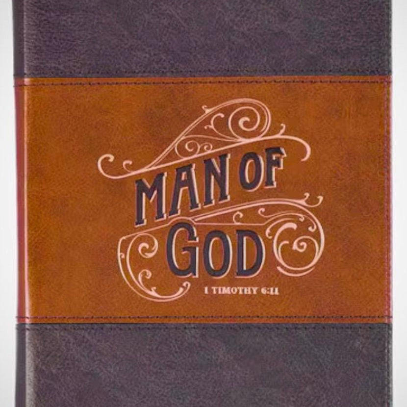 Christian Art Gifts Man of God faux leather journal with gold accents and scripture pages, featuring a Christian-themed cover design.