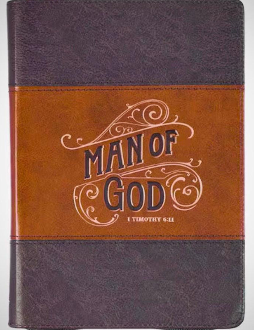 Christian Art Gifts Man of God faux leather journal with gold accents and scripture pages, featuring a Christian-themed cover design.