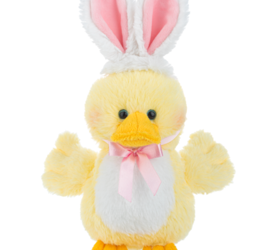 Plush duck toy with bunny ears on a Ganz product page