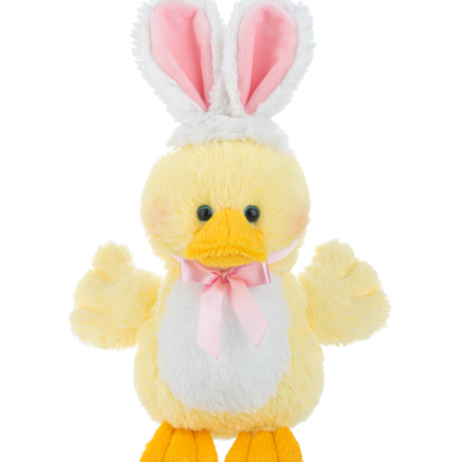 Plush duck toy with bunny ears on a Ganz product page