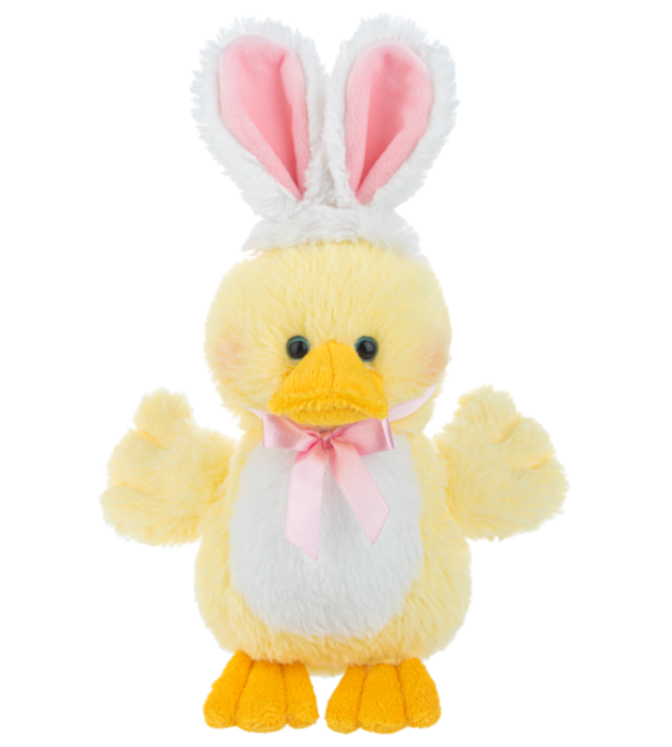 Plush duck toy with bunny ears on a Ganz product page