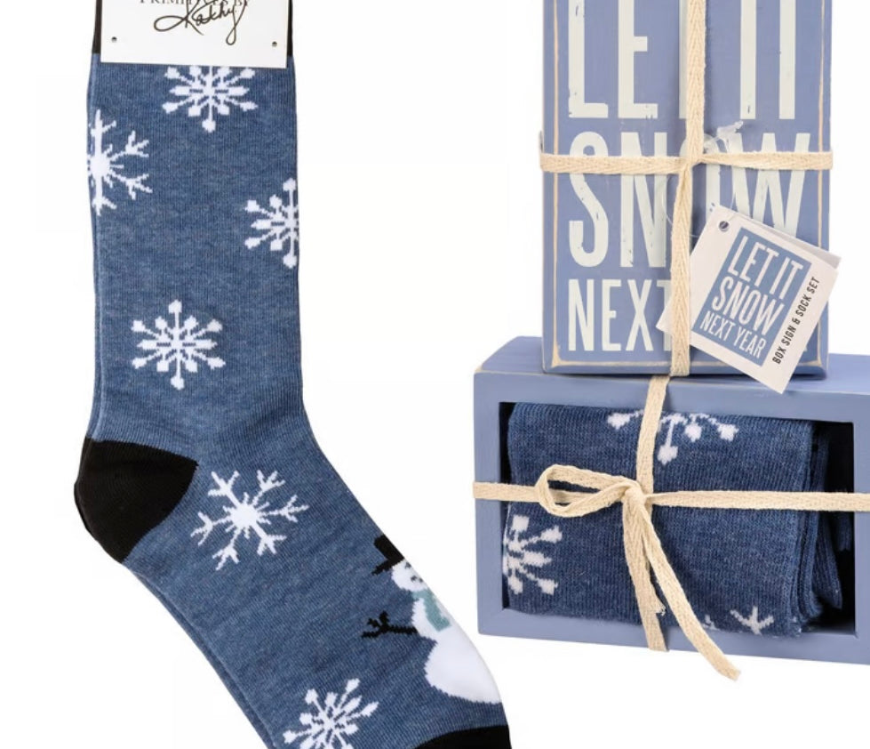 Primitives by Kathy Let It Snow Christmas socks and box sign set for winter tiered tray decor with festive holiday design.
