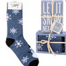 Primitives by Kathy Let It Snow Christmas socks and box sign set for winter tiered tray decor with festive holiday design.