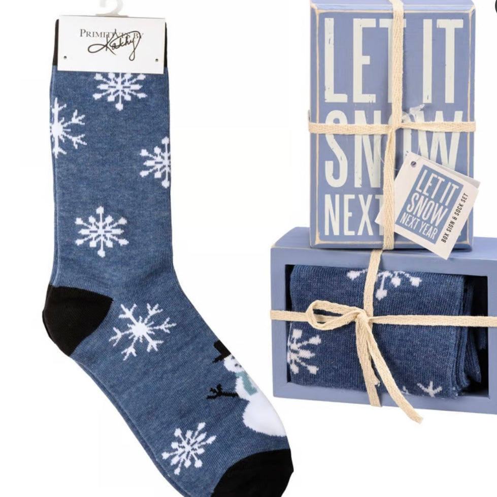 Primitives by Kathy Let It Snow Christmas socks and box sign set for winter tiered tray decor with festive holiday design.