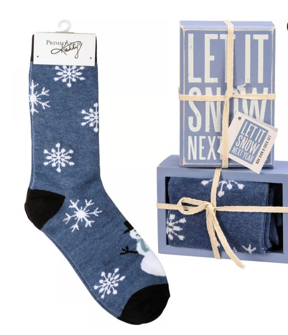Primitives by Kathy Let It Snow Christmas socks and box sign set for winter tiered tray decor with festive holiday design.