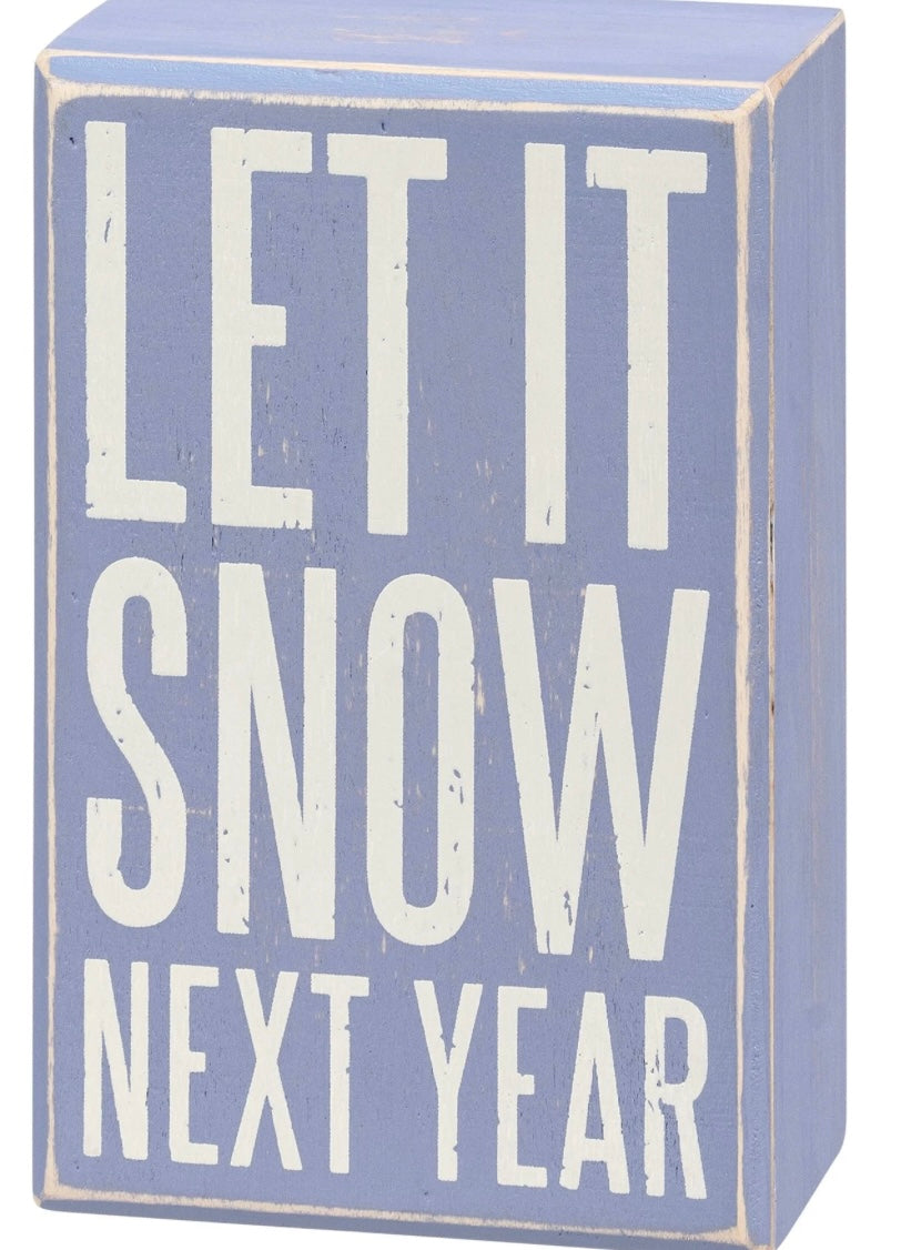 Primitives by Kathy Let It Snow Christmas socks and box sign set with festive winter decor for tiered trays.