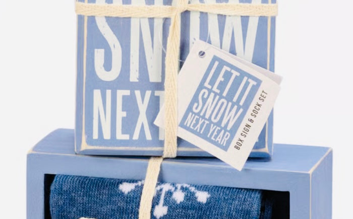 Primitives by Kathy Let It Snow Christmas socks and box sign set for winter tiered tray holiday decor.