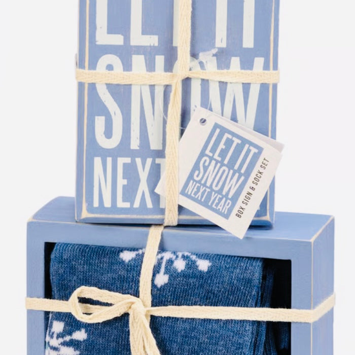 Primitives by Kathy Let It Snow Christmas socks and box sign set for winter tiered tray holiday decor.