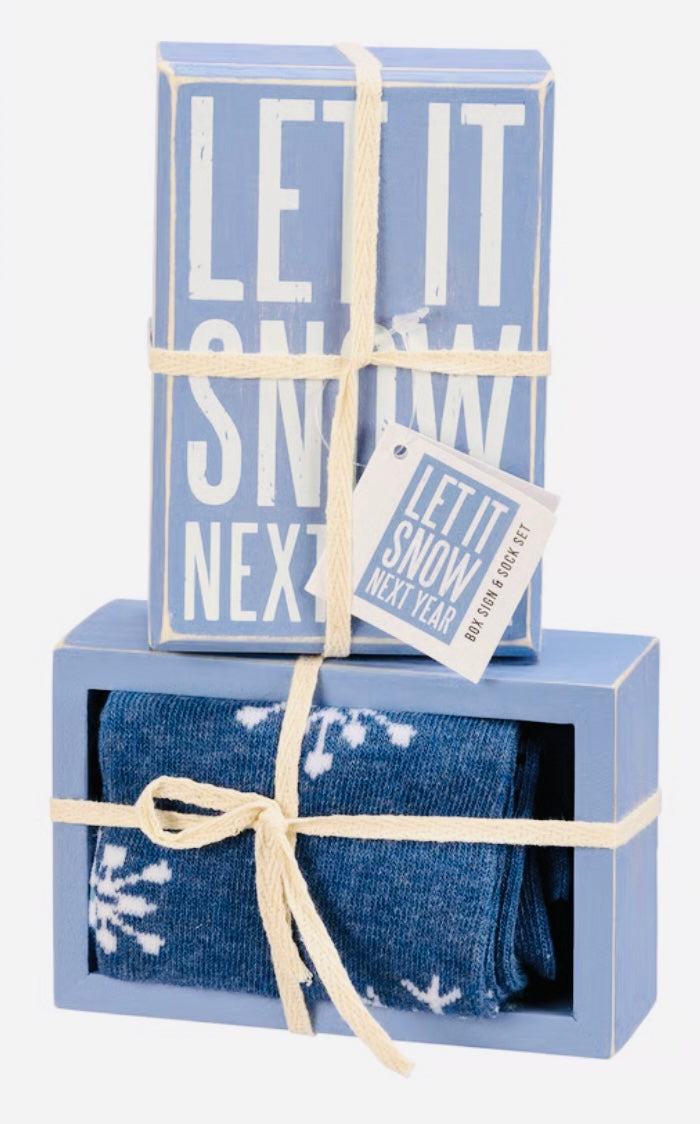 Primitives by Kathy Let It Snow Christmas socks and box sign set for winter tiered tray holiday decor.