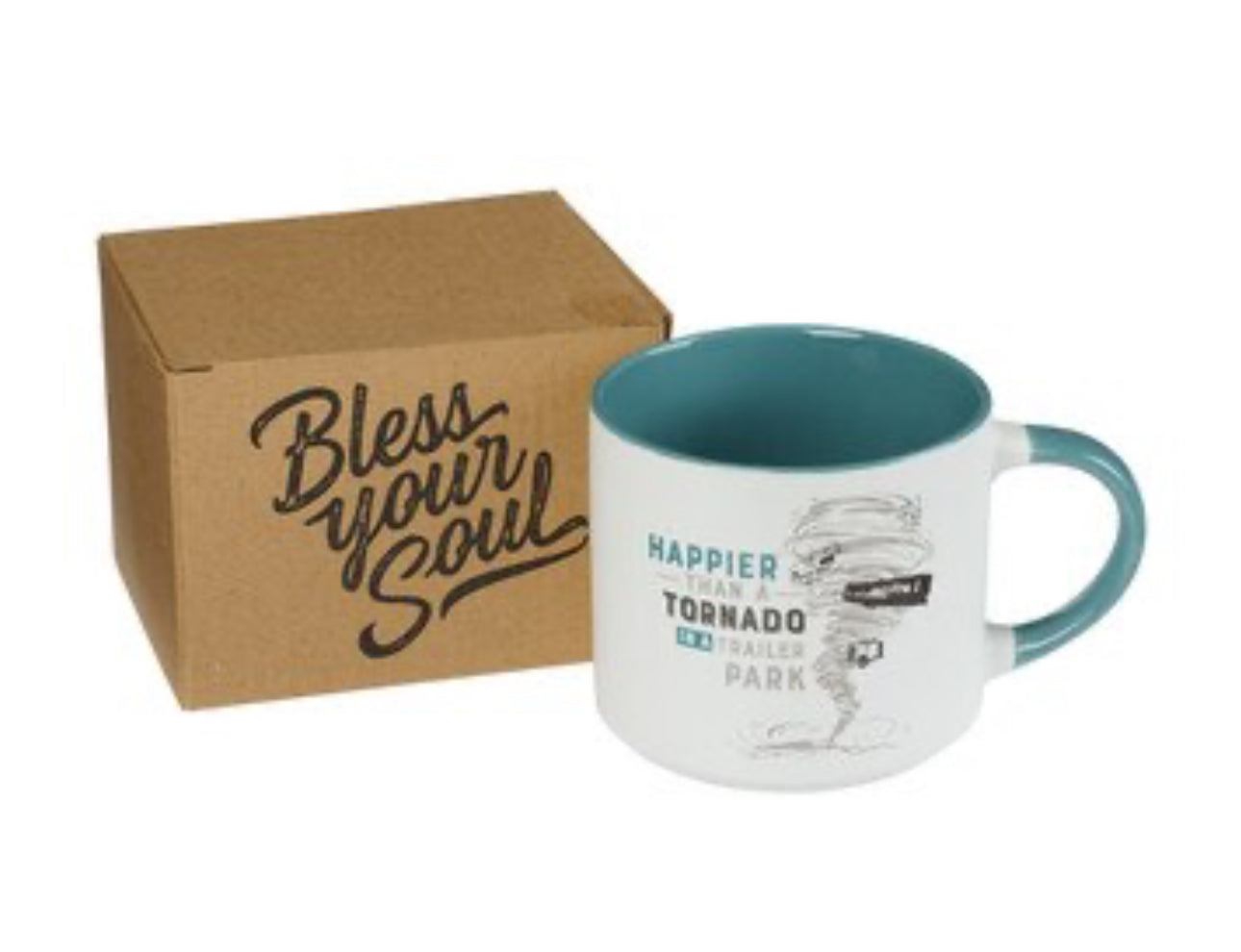 Funny 15 oz Christian Art Gifts coffee mug with humorous tornado in a trailer park design, perfect for drinkware collection.