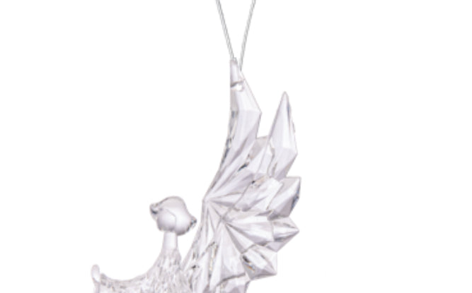 Acrylic angel ornament hanging as Christmas decor, featuring a detailed angel figure with wings, by GANZ for holiday decoration.