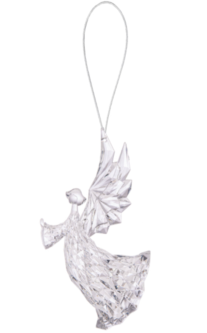 Acrylic angel ornament hanging as Christmas decor, featuring a detailed angel figure with wings, by GANZ for holiday decoration.