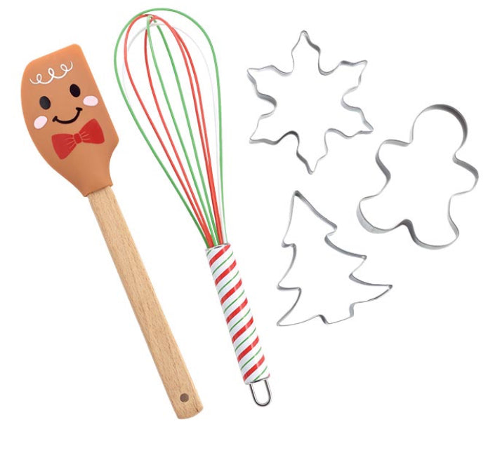 Burton+Burton gingerbread bakeware gift set with cookie cutters, baking pans, and utensils for Christmas baking.