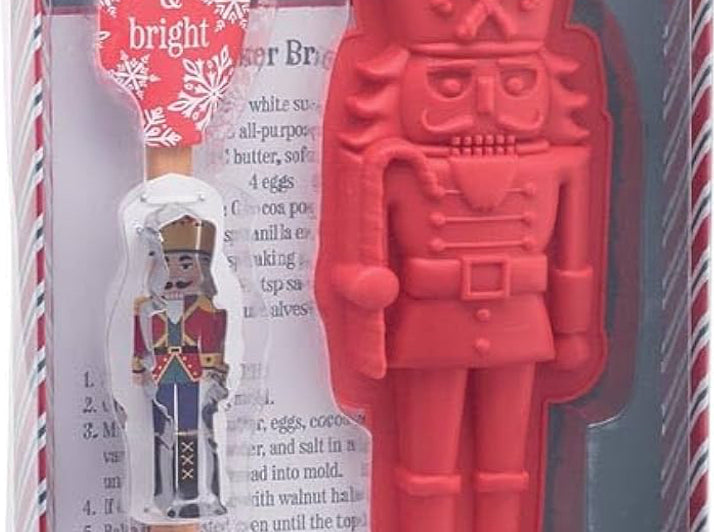 Burton+Burton Nutcracker bakeware gift set with 12-inch cookie sheet and baking tools for Christmas baking.