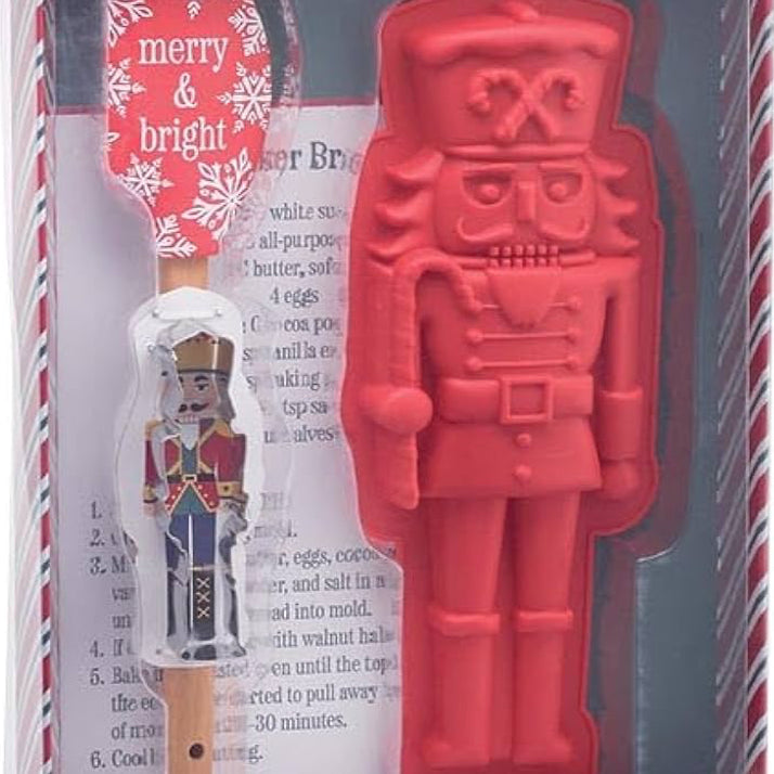 Burton+Burton Nutcracker bakeware gift set with 12-inch cookie sheet and baking tools for Christmas baking.