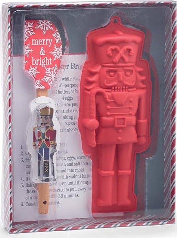 Burton+Burton Nutcracker bakeware gift set with 12-inch cookie sheet and baking tools for Christmas baking.