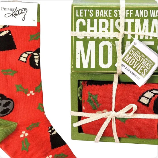 Primitives by Kathy Christmas movie socks and holiday baking decor box sign set for festive holiday decorating.