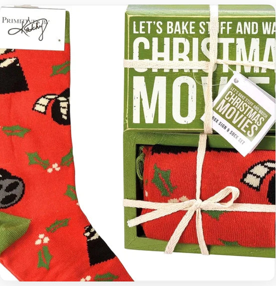 Primitives by Kathy Christmas movie socks and holiday baking decor box sign set for festive holiday decorating.