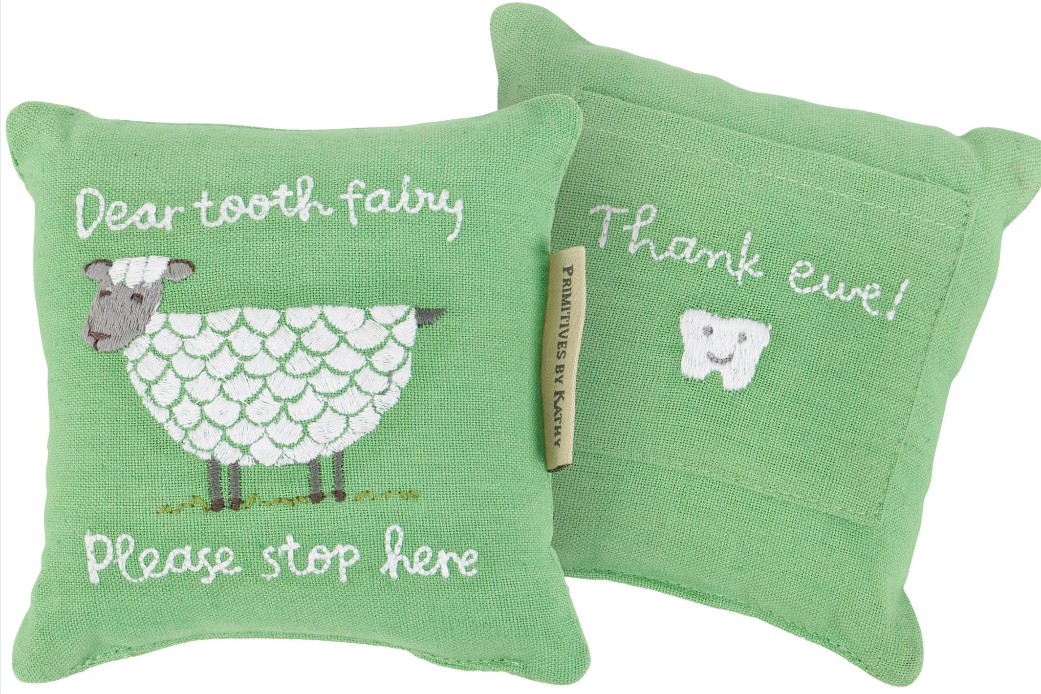 Embroidered sheep tooth fairy pillow by Primitives by Kathy, a charming baby gift with farm-themed design and soft fabric.