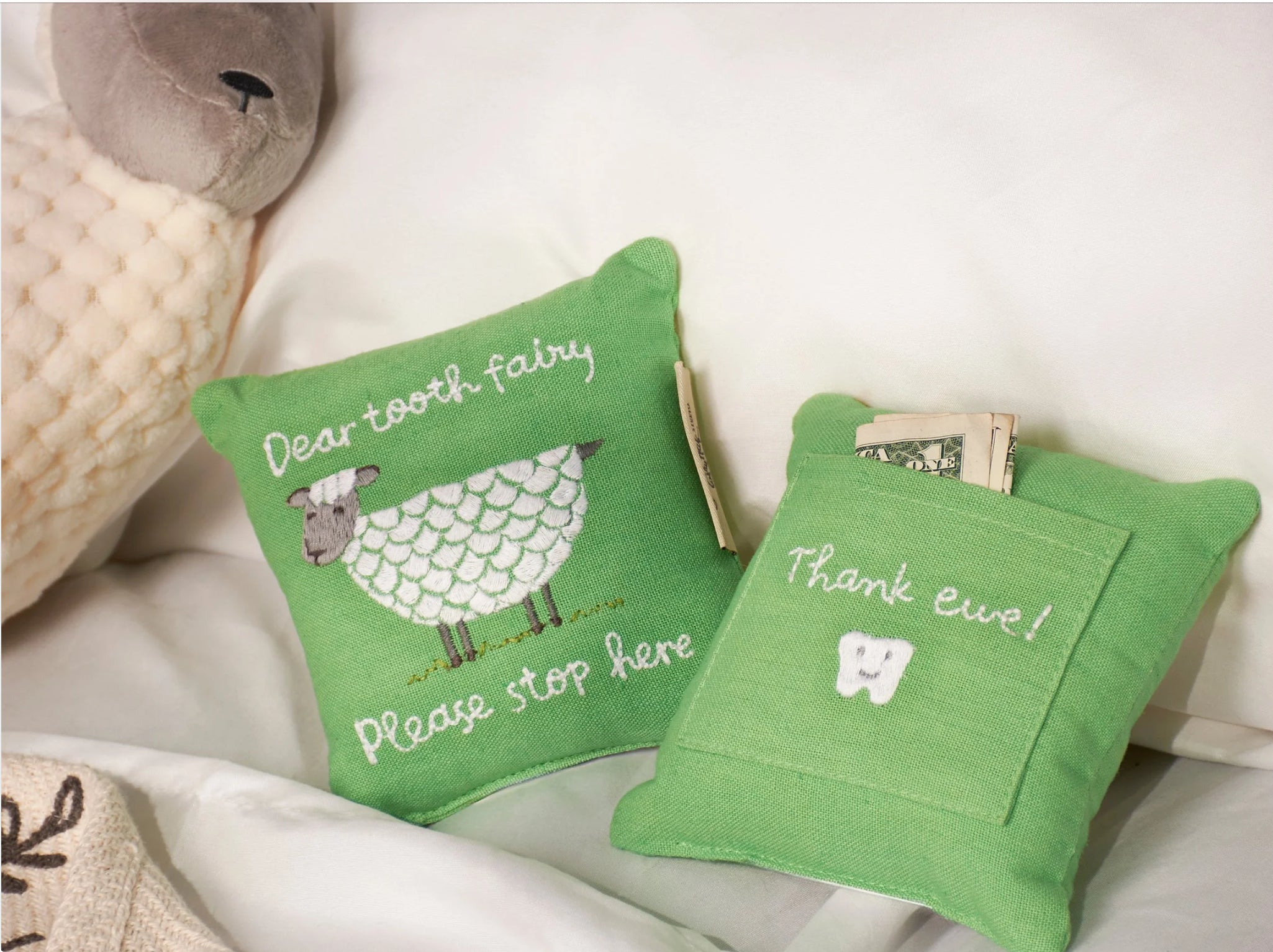 Embroidered Sheep Tooth Fairy Pillow by Primitives by Kathy featuring a cute farm design, perfect for a baby gift or keepsake.