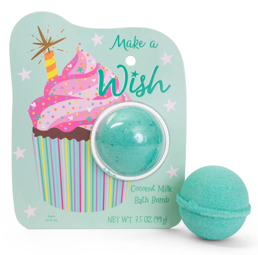 Scented bath bombs by Bless Your Heart Gifts, colorful round bath and spa gifts suitable for ages 12 and up, in a clear display.