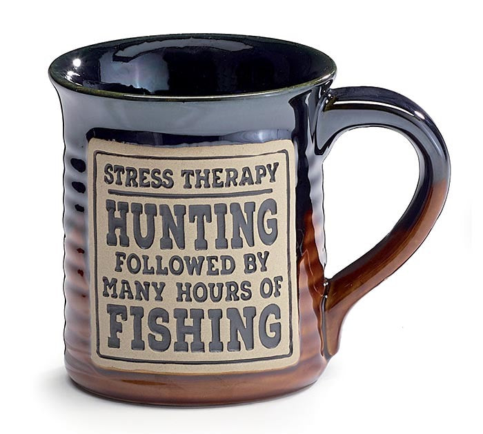 Burton+Burton stress therapy hunting and fishing coffee mug with outdoors-themed design, ceramic drinkware for hot beverages.