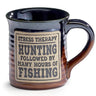 Burton+Burton stress therapy hunting and fishing coffee mug with outdoors-themed design, ceramic drinkware for hot beverages.