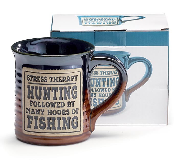 Burton+Burton Stress Therapy hunting and fishing coffee mug with outdoor-themed design, durable ceramic drinkware for hot beverages.