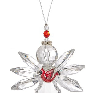 Double-sided GANZ angel holding a cardinal Christmas ornament, 4.5 inches tall, festive holiday decor with detailed angel and bird design.