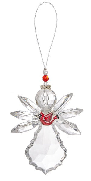 Double-sided GANZ angel holding a cardinal Christmas ornament, 4.5 inches tall, festive holiday decor with detailed angel and bird design.