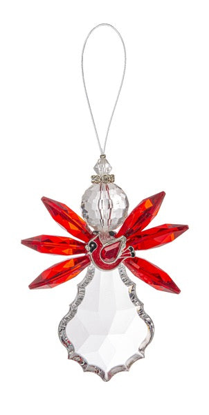 Double-sided GANZ angel holding a cardinal Christmas ornament, 4.5 inches tall, festive holiday decor with detailed angel and bird design.