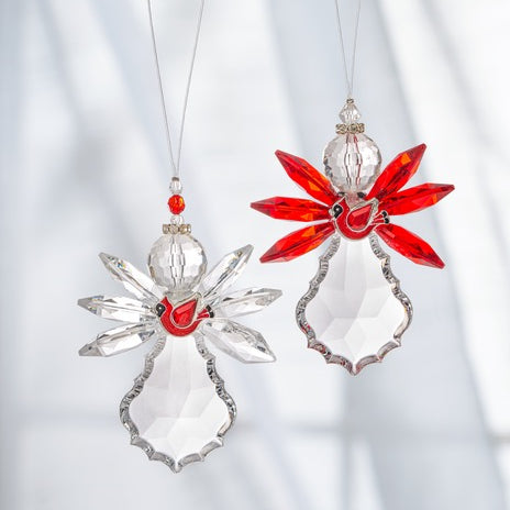 Double-sided GANZ angel ornament holding a cardinal, 4.5 inches, festive Christmas decor with detailed angel and bird design.
