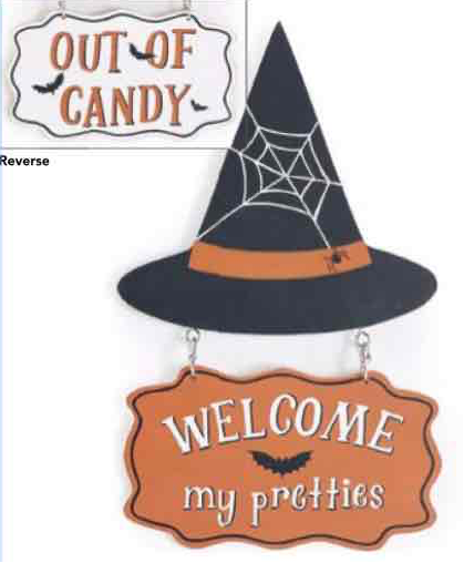 Halloween hanging sign set showing the front and reverse views. The front features a black witch hat with a white spiderweb and orange band above a terracotta-colored sign that reads 'WELCOME my pretties' with a small bat.